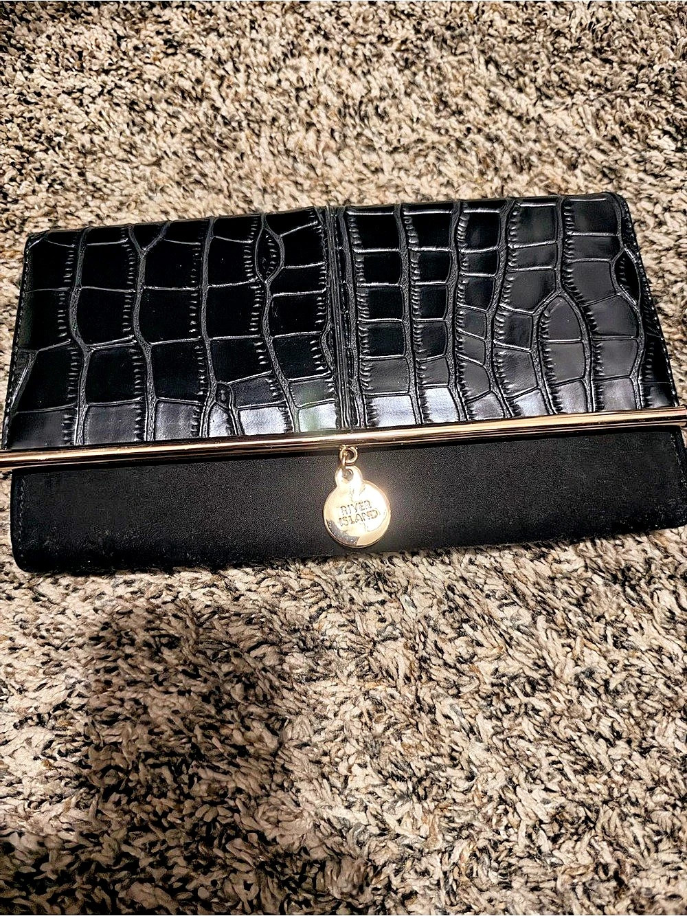 River Island Bar Front Clutch Bag Black Crocodile-Embossed